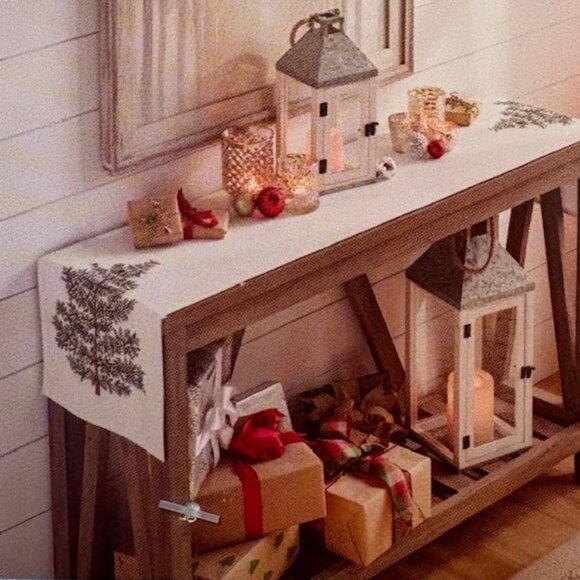 Shabby Chic 2 Piece Christmas Table Runner Embroidered Tree Tartan Plaid NWT - Picture 4 of 12